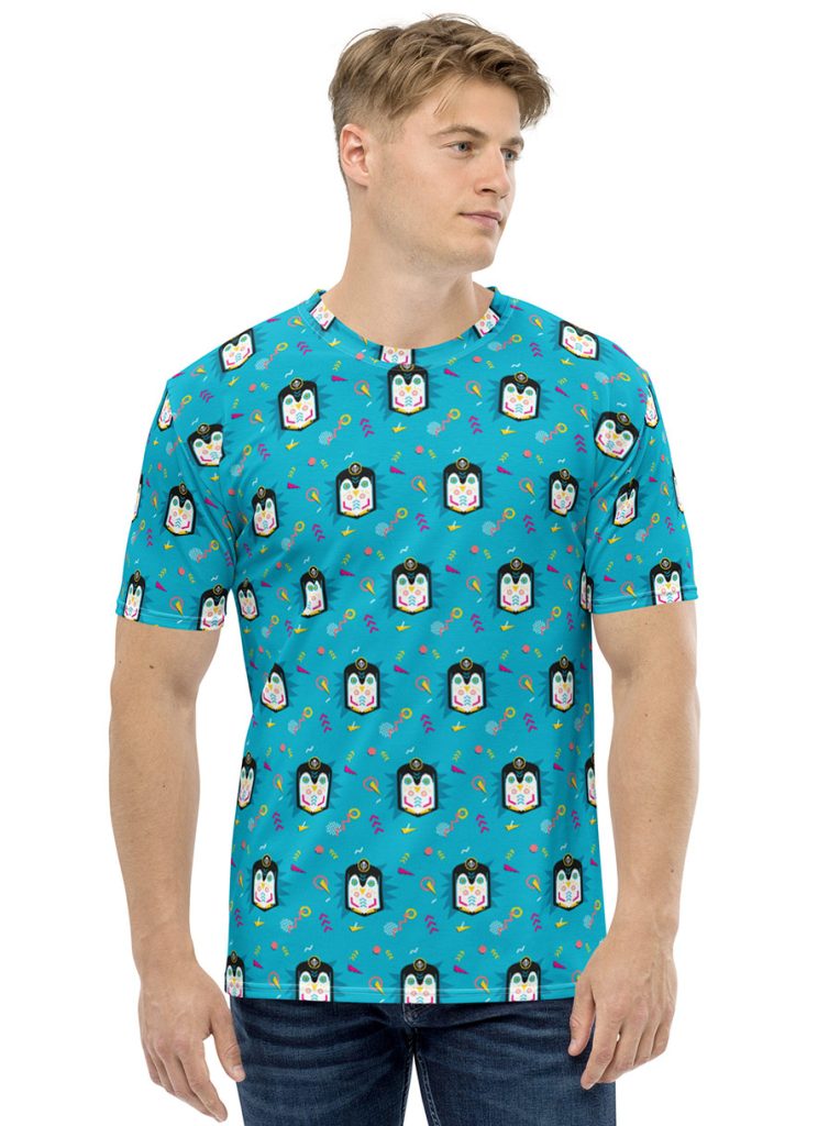 Man wearing pinball pattern t-shirt